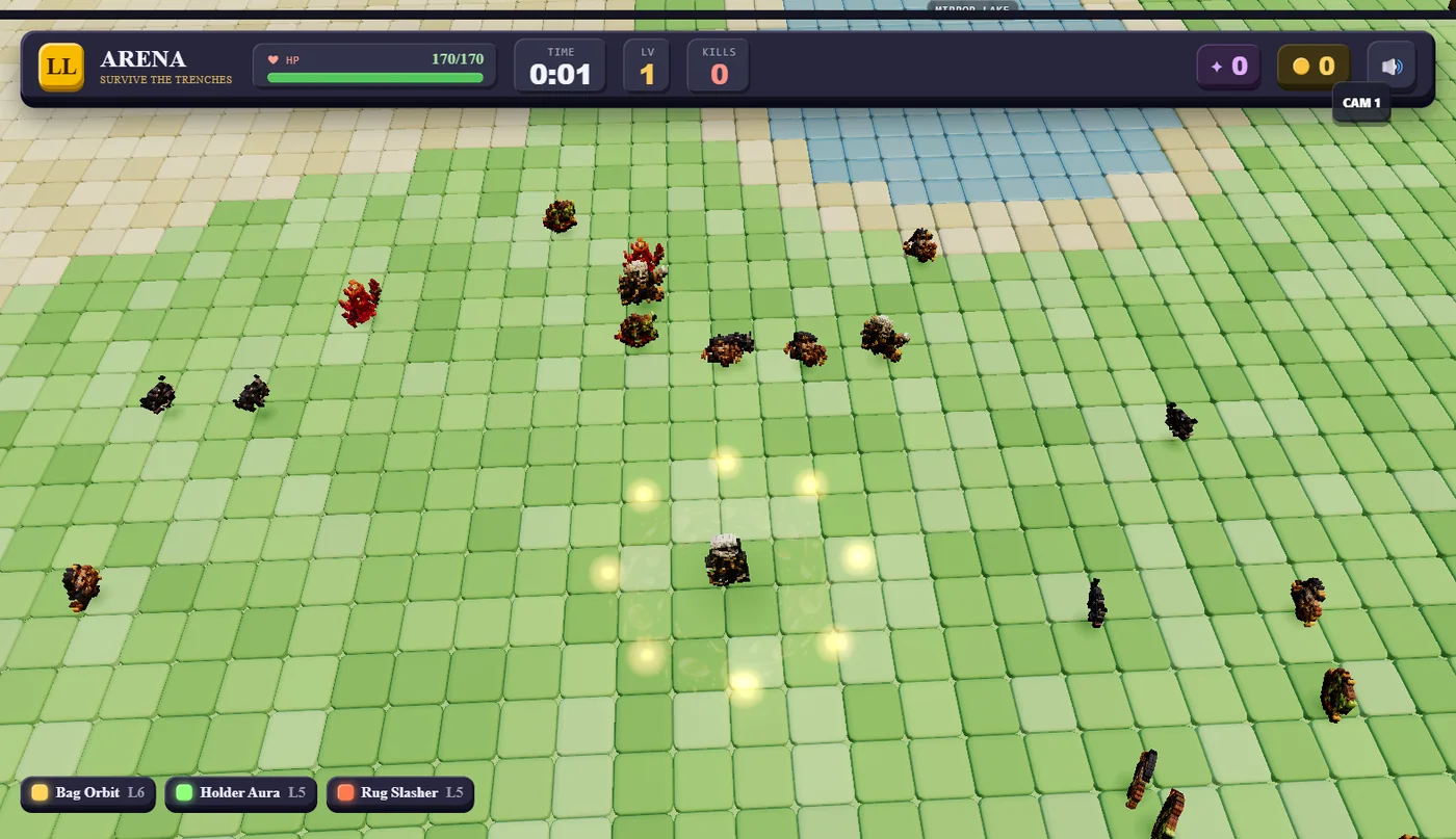 LoopLoot Arena — 3D voxel survivor: hero surrounded by a swarm of voxel enemies
