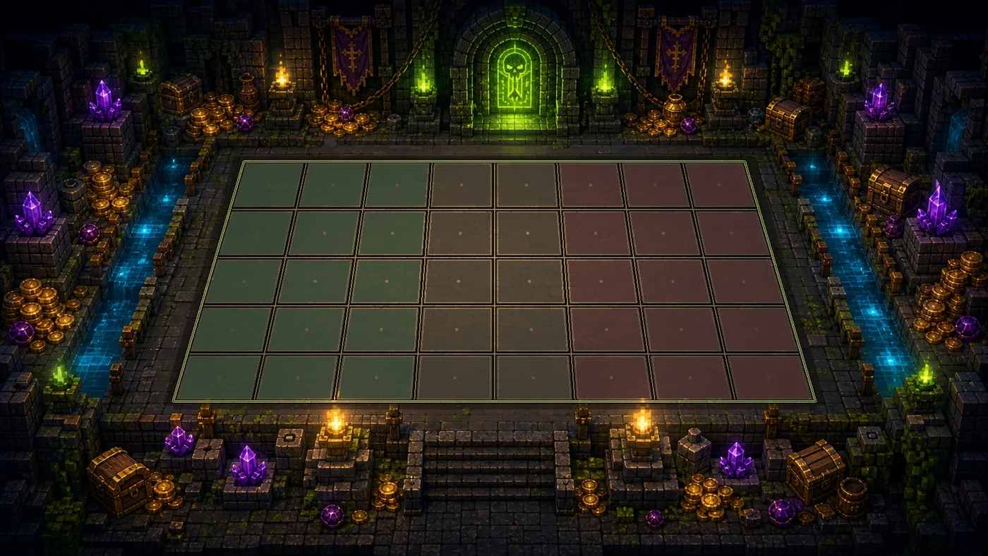 LoopLoot auto-chess board — ally tiles vs enemy tiles in a dungeon arena