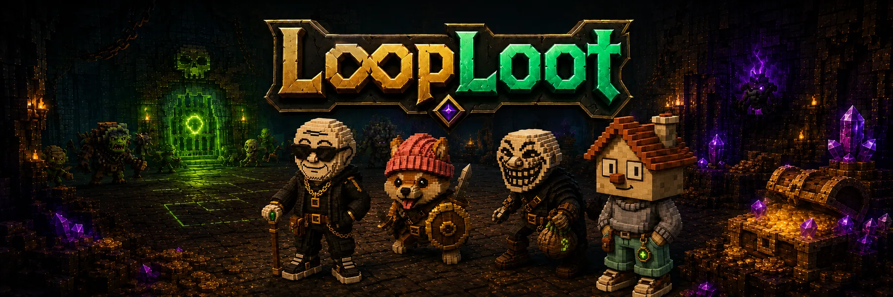 LoopLoot voxel dungeon — Unc, Wif, Troll and Chillhouse face the gold portal