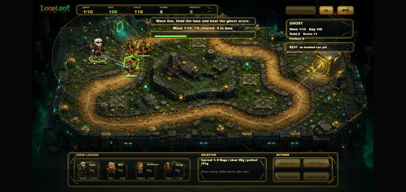 LoopLoot tower defense — voxel lane map with towers and VFX
