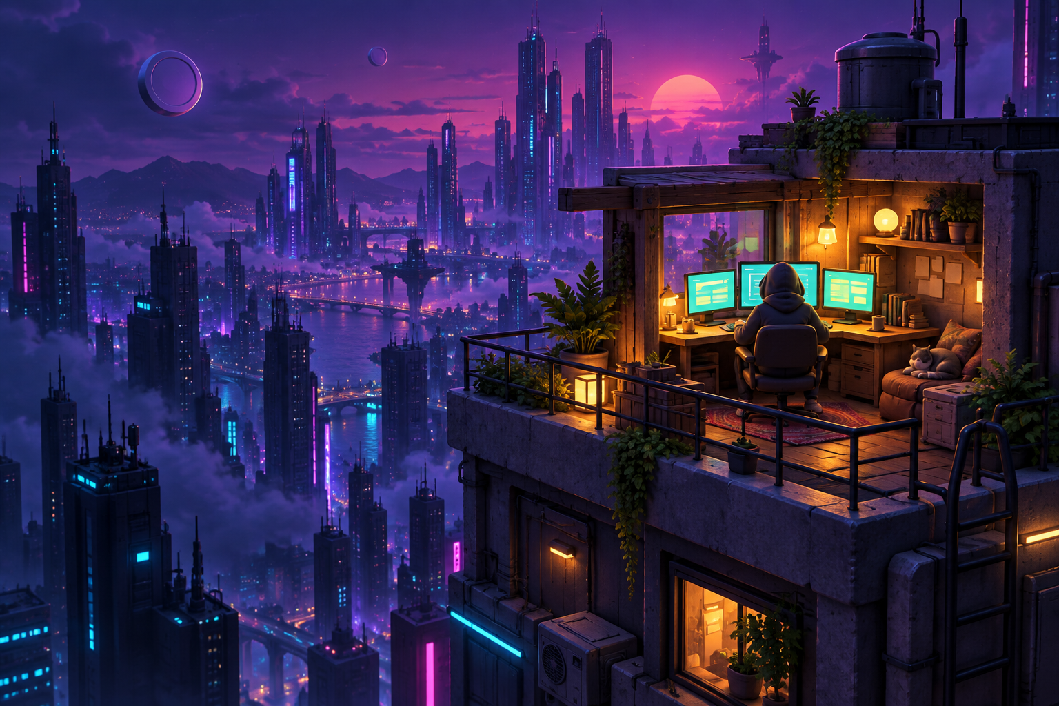 CYCLE: a rooftop studio overlooking a neon crypto city